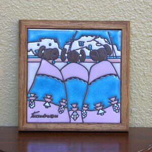 1986 Cleo Teissedre Tile Trivet of Three Navajo Women in Pink and Light Blue